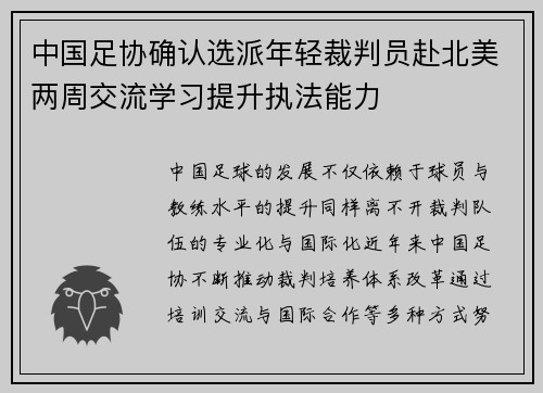 中国足协确认选派年轻裁判员赴北美两周交流学习提升执法能力