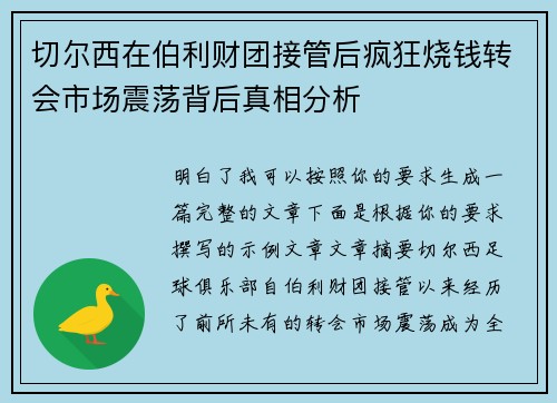 切尔西在伯利财团接管后疯狂烧钱转会市场震荡背后真相分析