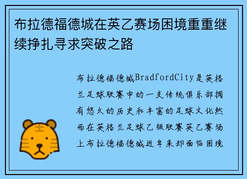 布拉德福德城在英乙赛场困境重重继续挣扎寻求突破之路