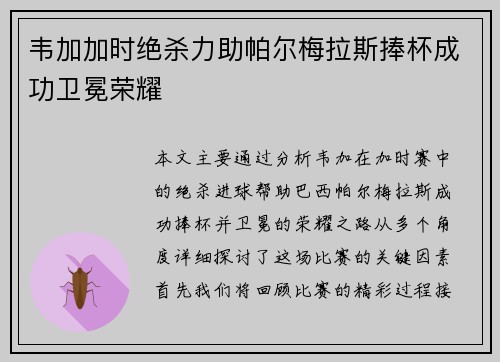 韦加加时绝杀力助帕尔梅拉斯捧杯成功卫冕荣耀